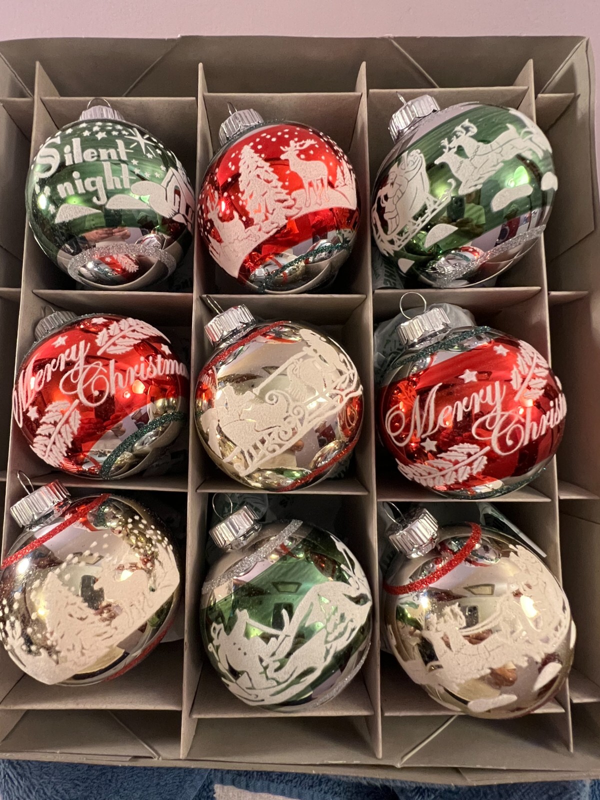 Christmas ornaments Radko Shiny Brite set of 9 glass flocked vintage designs CH8 Christmas ornaments Radko Shiny Brite set of 9 glass flocked vintage designs CH8
