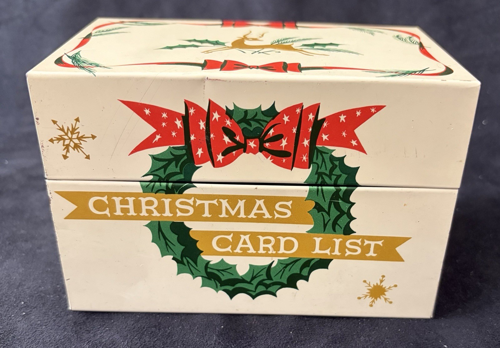 Vintage 1950s Stylecraft Christmas Card List Tin Reindeer and Wreath Box 807 Vintage 1950s Stylecraft Christmas Card List Tin Reindeer and Wreath Box 807