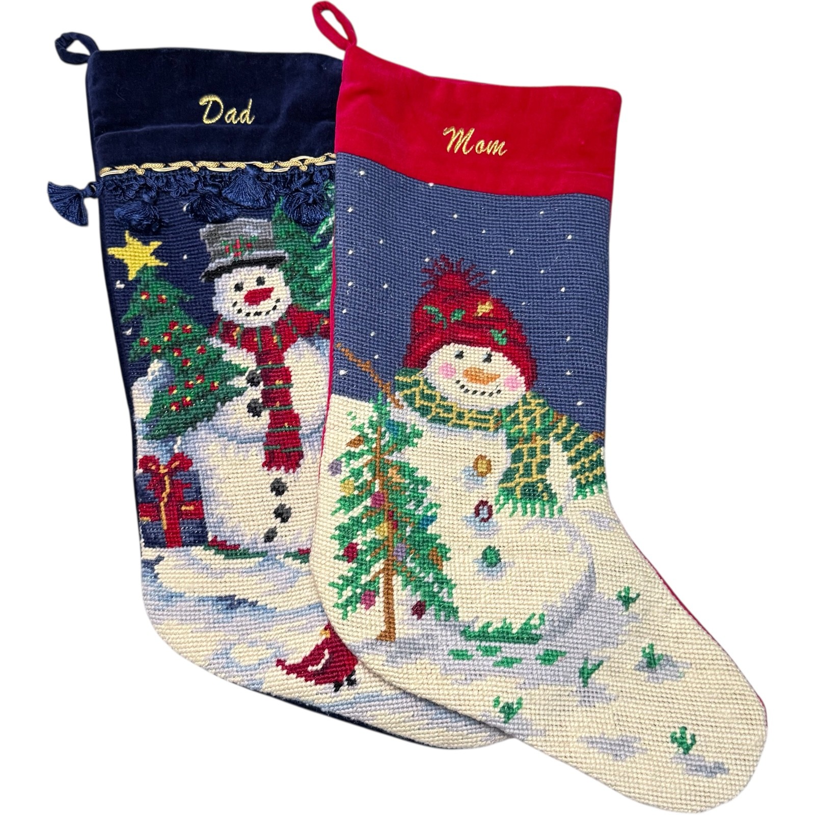 2 Lillian Vernon Vintage wool Christmas Stockings 17 “ Mom Dad Needlepoint