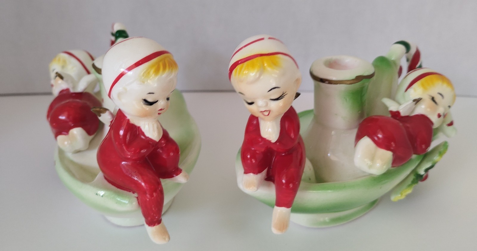 Vintage Christmas Pixie Elf Candle Holders Set 2 Ceramic Red Green Mid Century Vintage Christmas Pixie Elf Candle Holders Set 2 Ceramic Red Green Mid Century