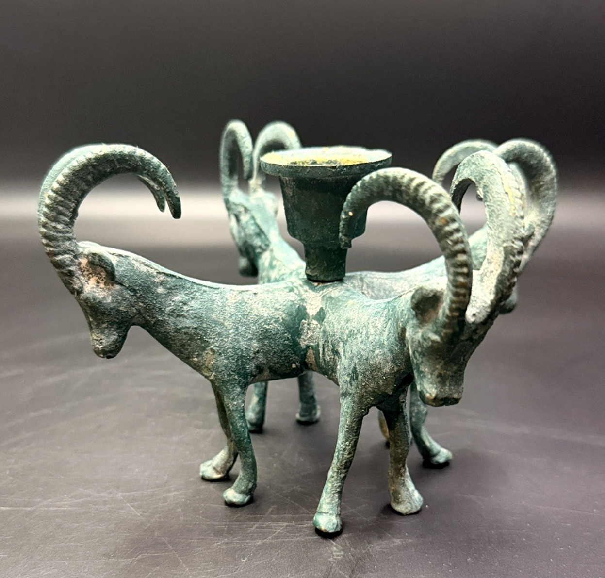 Vintage Verdigras Brass Candleholder 4 Goats Rams RARE Vintage Verdigras Brass Candleholder 4 Goats Rams RARE