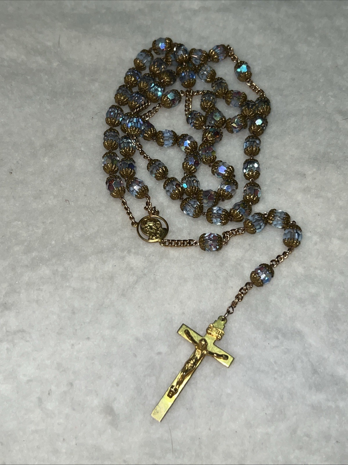 VTG Aurora Borealis Crystal Faceted Blue Gold Tone Rosary Czech? Christian VTG Aurora Borealis Crystal Faceted Blue Gold Tone Rosary Czech? Christian