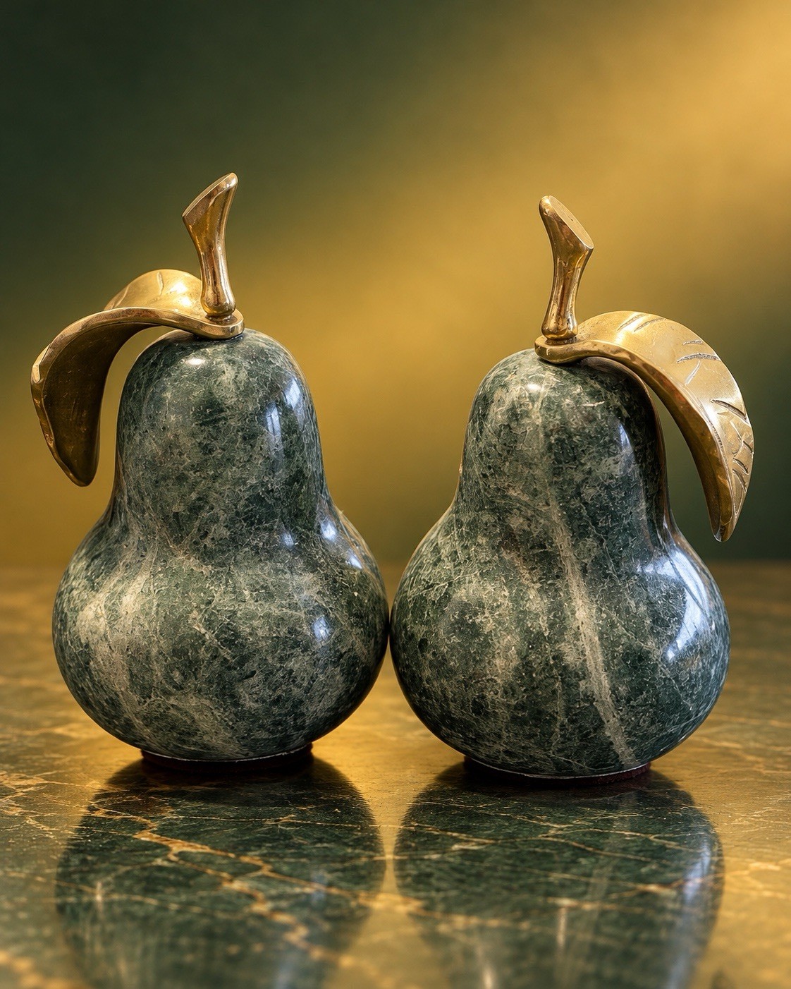 Vintage Decorative Crafts Inc #2591 Green Marble Pears Brass Stem Leaf Pair Vintage Decorative Crafts Inc #2591 Green Marble Pears Brass Stem Leaf Pair
