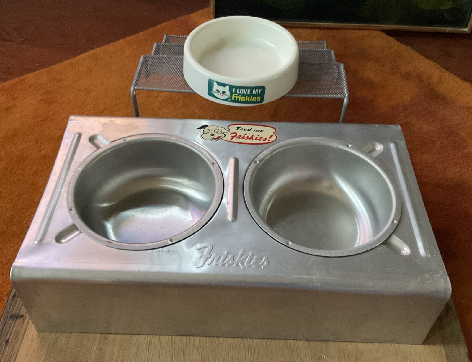 Vtg FRISKIES 2 - RARE Tin Dog Food Feeder Mail In Promo c. 1940’s & Cat Dish Vtg FRISKIES 2 - RARE Tin Dog Food Feeder Mail In Promo c. 1940’s & Cat Dish