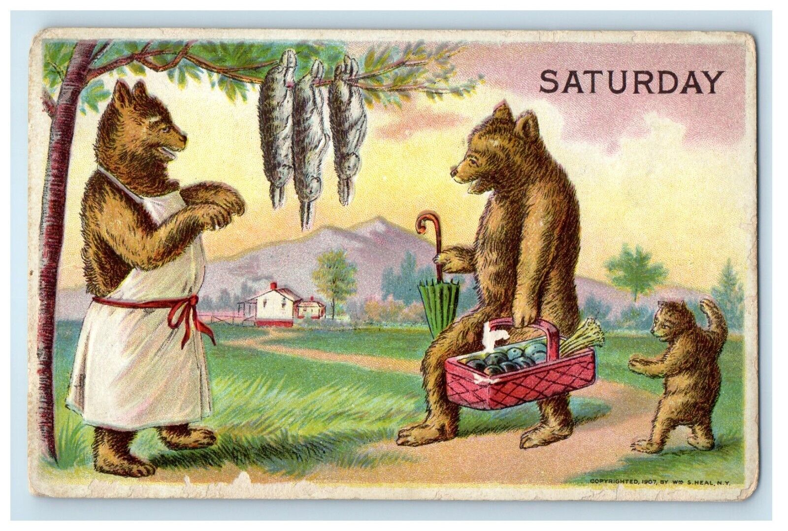 c1910's Anthropomorphic Bears Apron Umbrella Hunting Rabbits Embossed Postcard