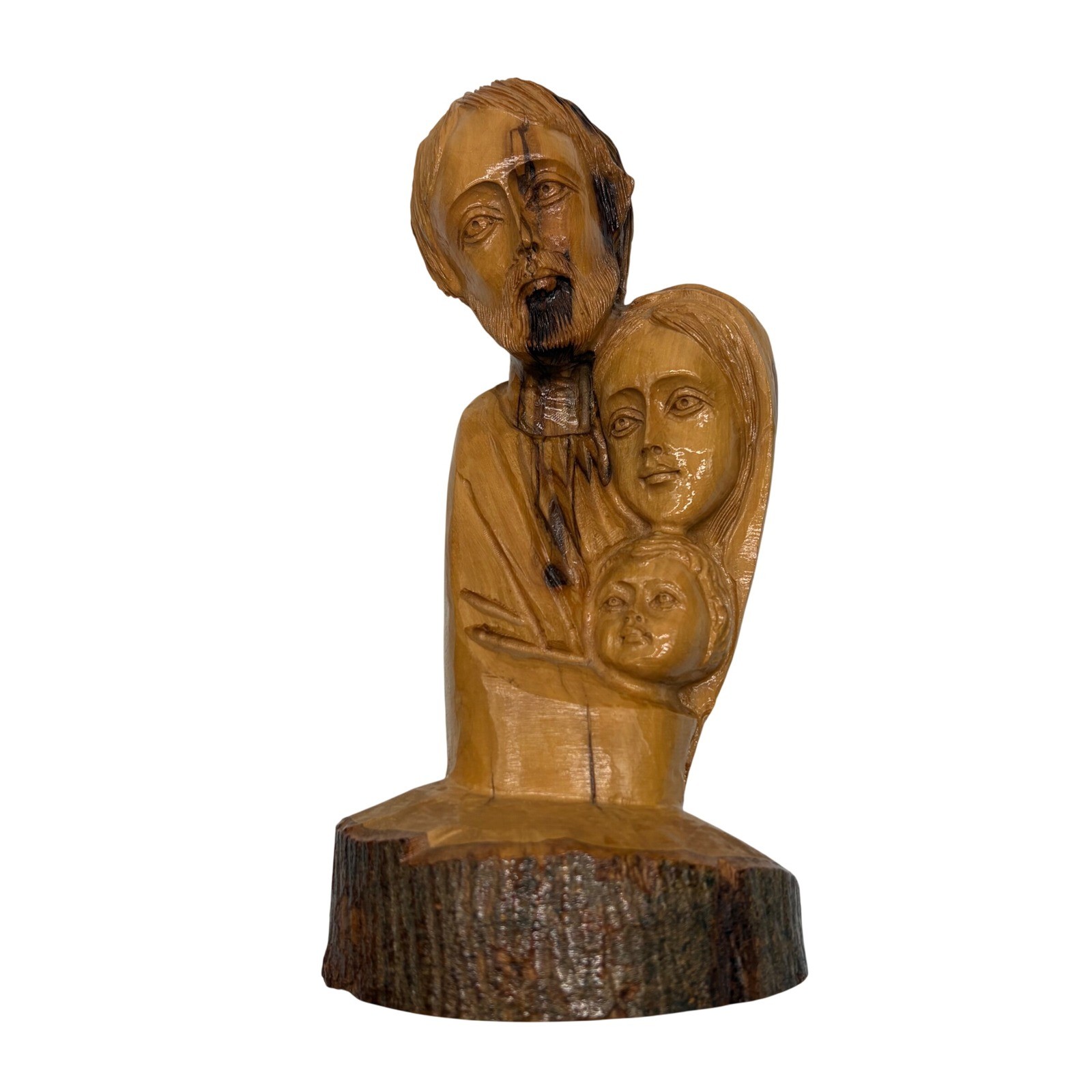 Vintage 1988 Bethlehem Olive Wood Hand Carved Holy Family Statue 9.5in Signed