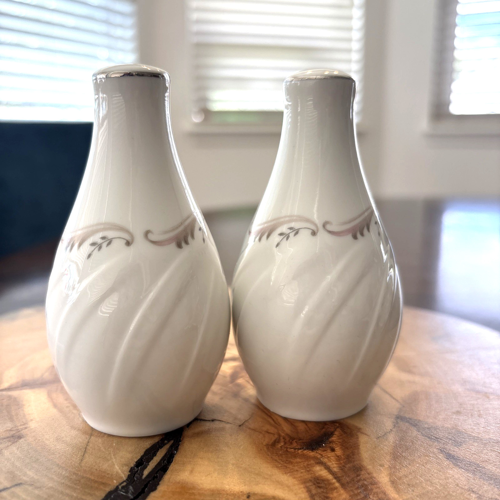 Vintage Style House Fine China Salt and Pepper Shakers Japan Silver Trim Swirl