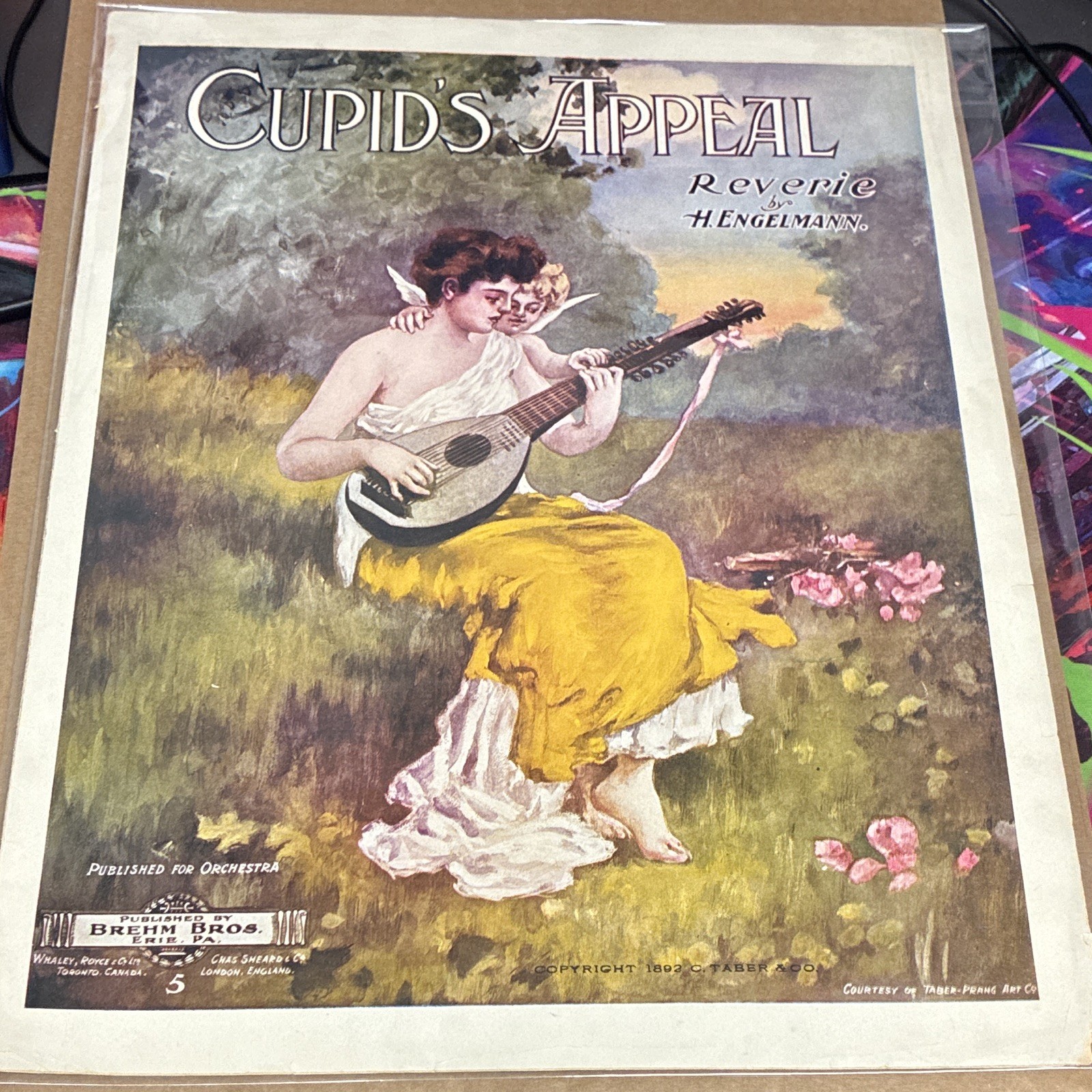 Antique 1892 Taber Prang Chromolithograph Art Sheet Musi Cupids Appeal Victorian