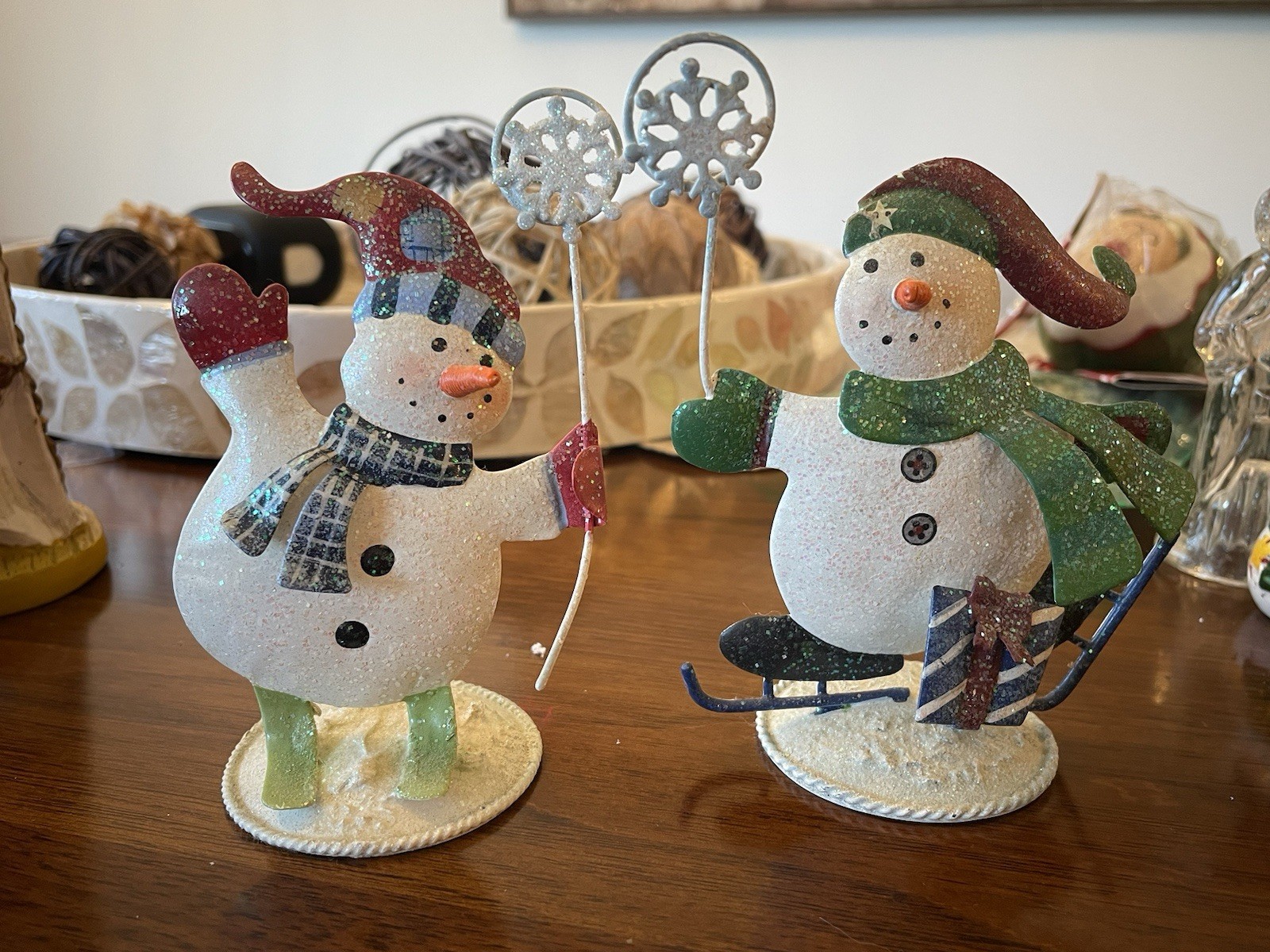 2-Pack Glitter Metal Snowman Christmas Figurines, Multicolor Snowflake Pattern
