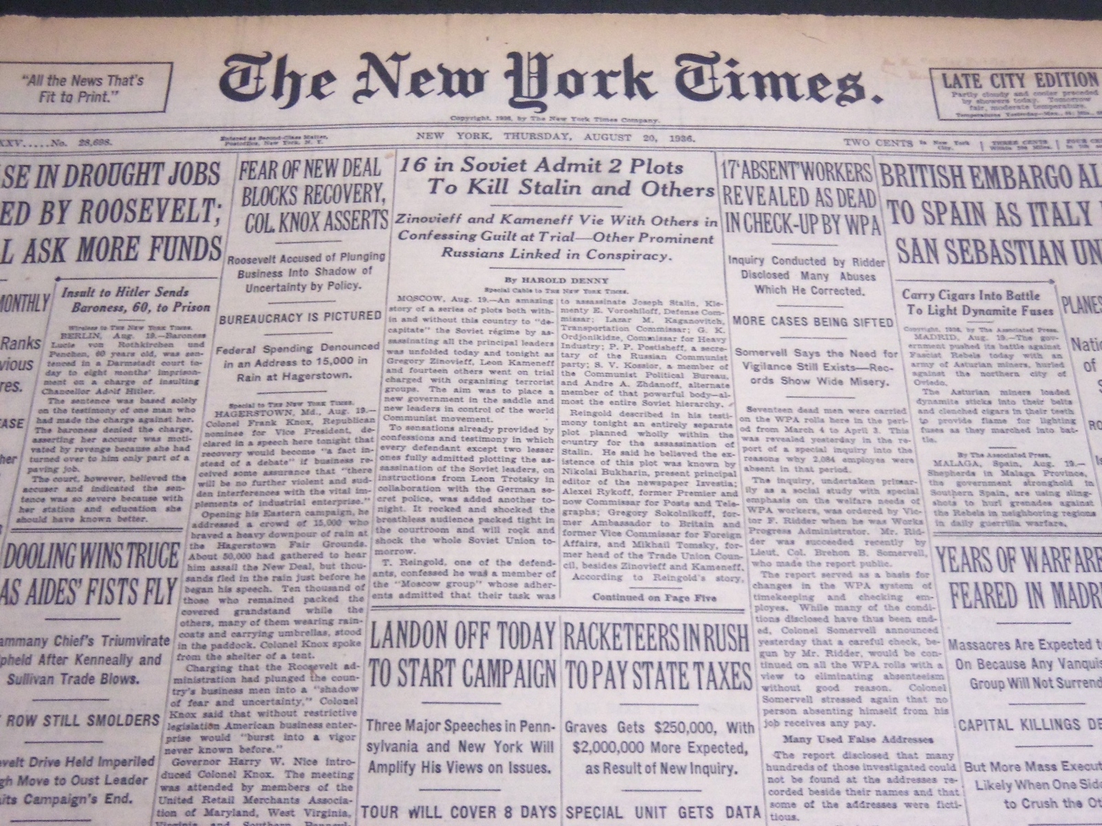 1936 AUGUST 20 NEW YORK TIMES - 16 IN SOVIET ADMIT - NT 6875A 1936 AUGUST 20 NEW YORK TIMES - 16 IN SOVIET ADMIT - NT 6875A