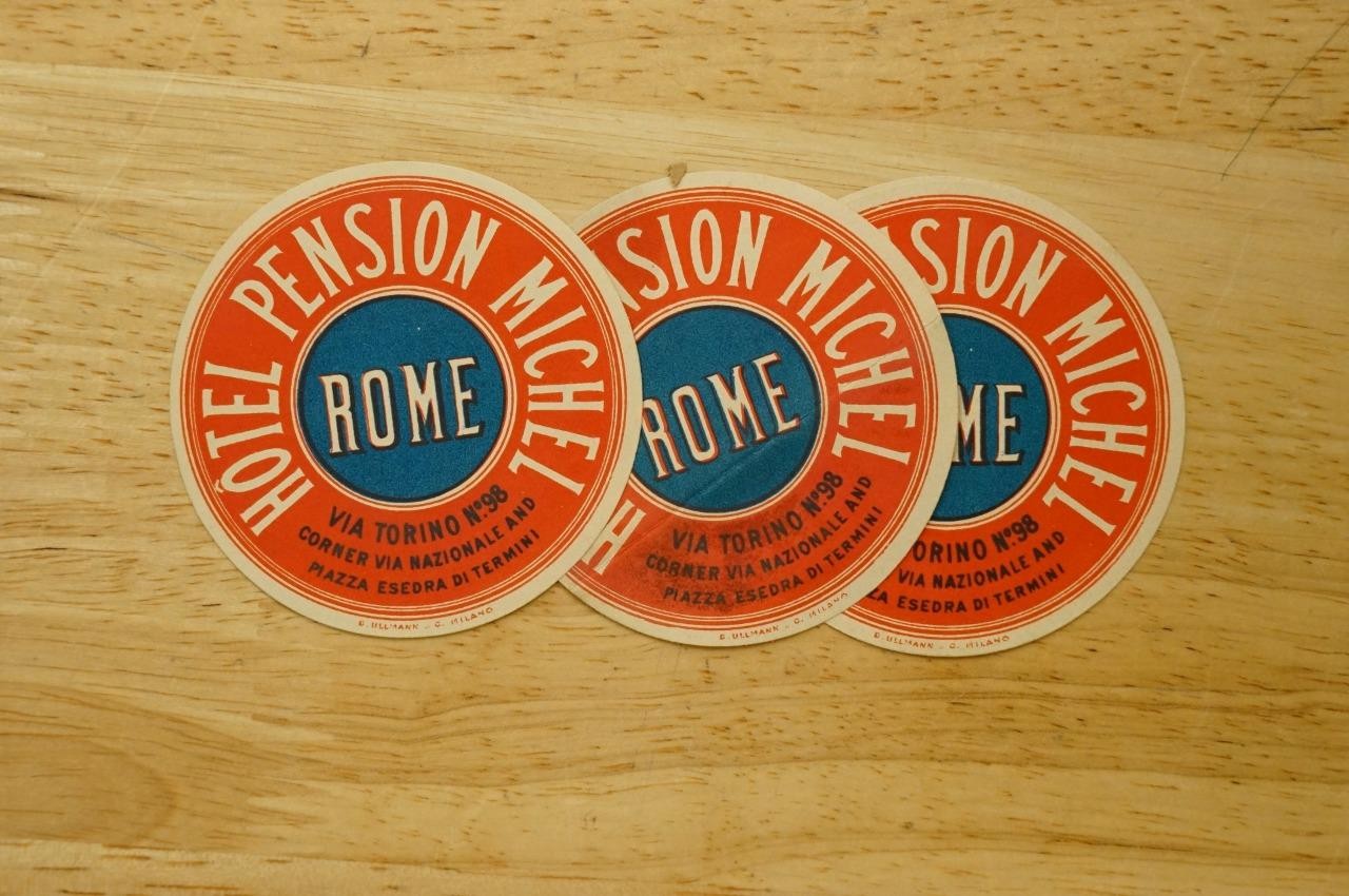 Vintage Paper Ephemera Travel Luggage Labels Hotel Pension Michel Rome Italy