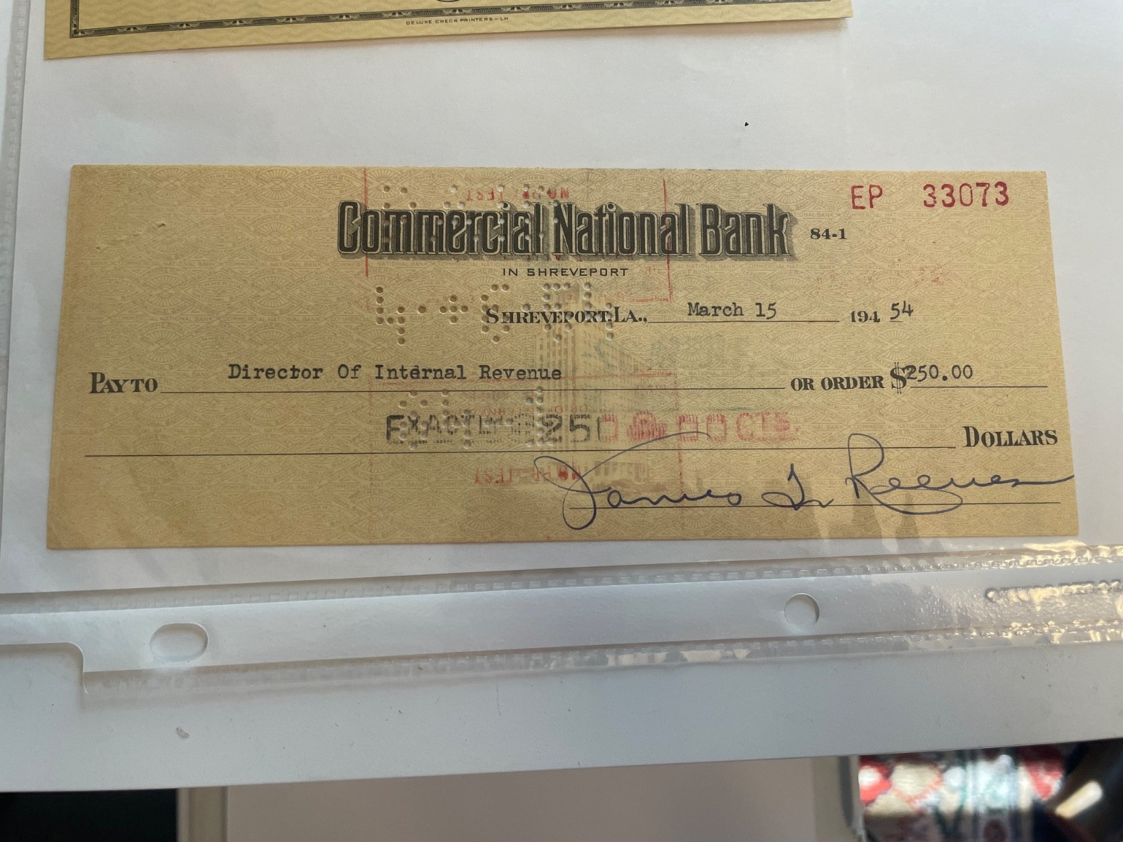 Gentleman Jim Reeves 1954 Hand Signed Original Bank Check Director of Internal Gentleman Jim Reeves 1954 Hand Signed Original Bank Check Director of Internal