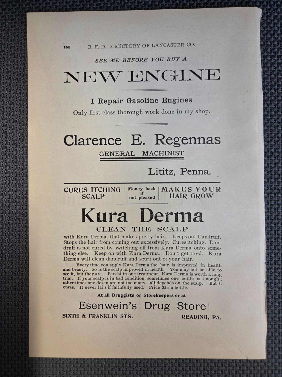 1909 LR Ads REGENNAS Engines Lititz PA ESENWEIN Drug Reading PA MOYER STEFFY