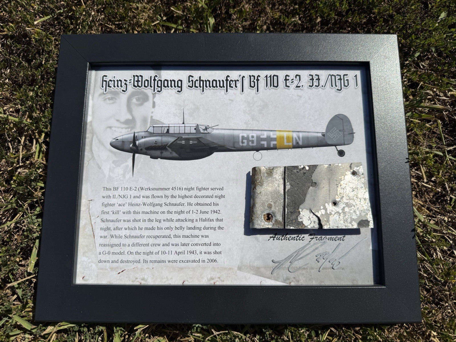 Ron Cole Art Luftwaffe Bf110 Night Fighter Ace Heinz Schnaufer Relic Display Ron Cole Art Luftwaffe Bf110 Night Fighter Ace Heinz Schnaufer Relic Display