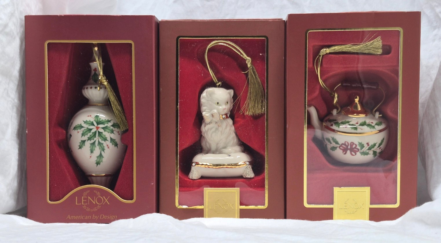 Original 2000s Lot of 3 Lenox Porcelain Ornaments, Pierced, Cat & Kettle, NIB Original 2000s Lot of 3 Lenox Porcelain Ornaments, Pierced, Cat & Kettle, NIB