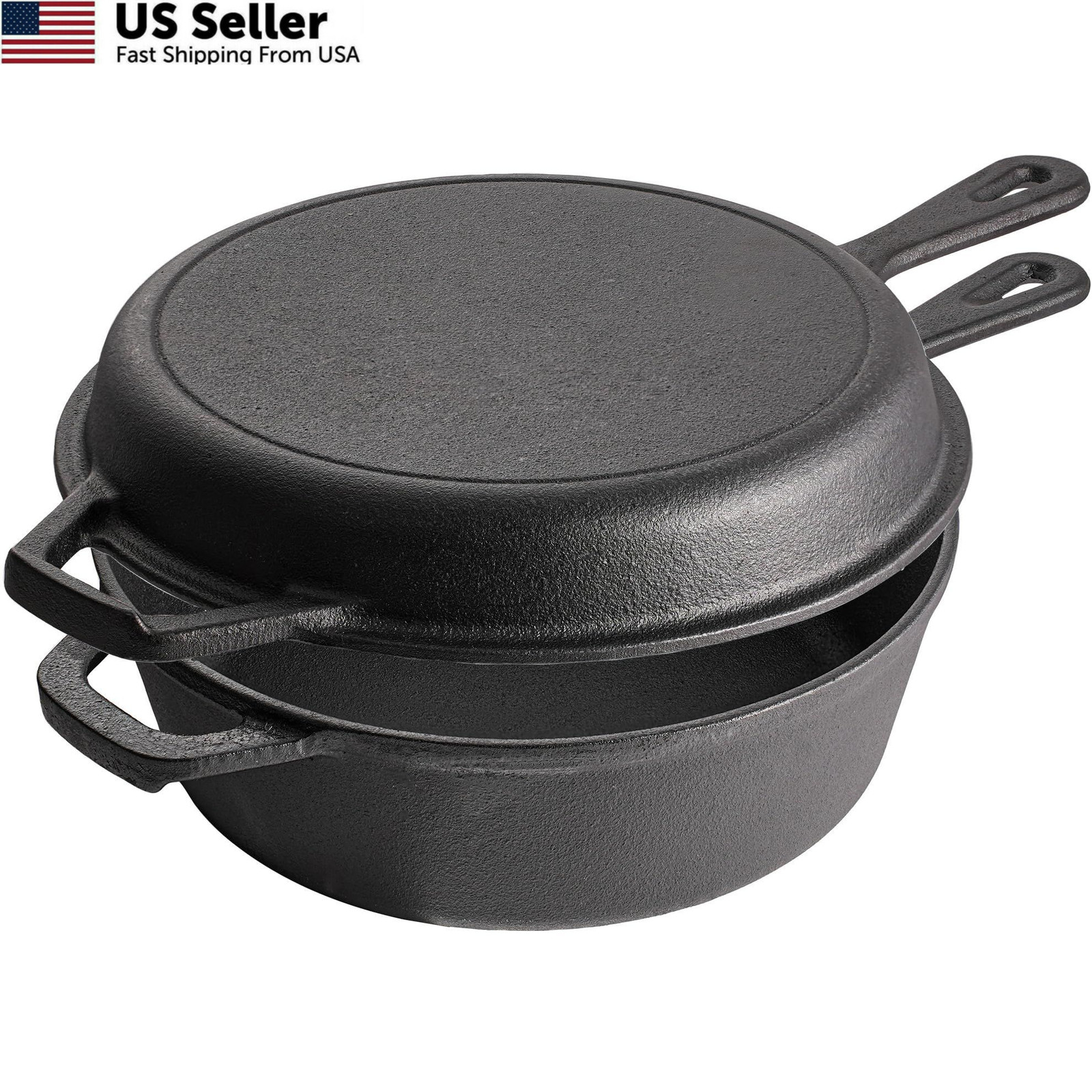 2 in 1 Cast Iron Dutch Oven Pot Skillet Lid Pre Seasoned Multi Cooker Baking Fry 2 in 1 Cast Iron Dutch Oven Pot Skillet Lid Pre Seasoned Multi Cooker Baking Fry