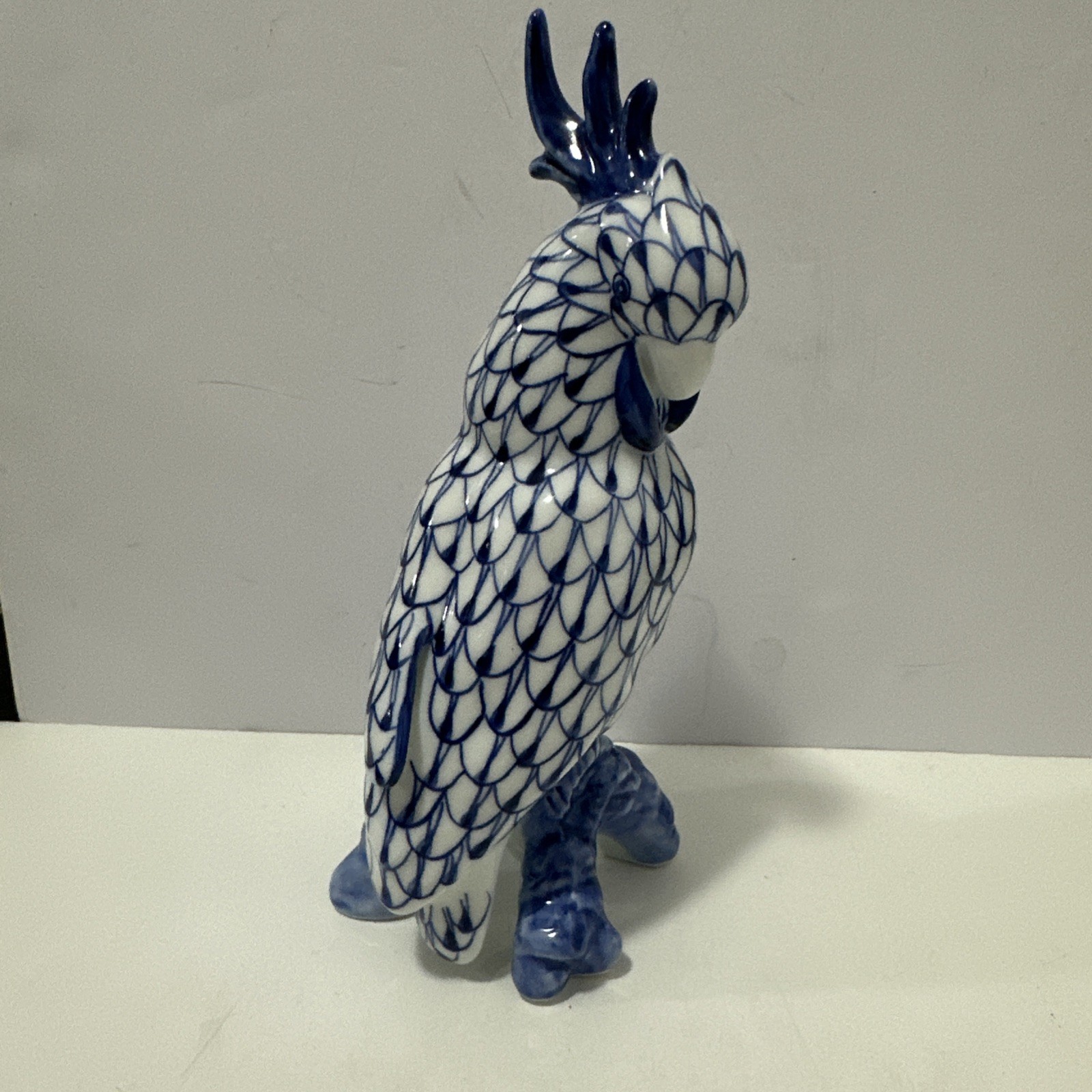 Andrea By Sadek Porcelain Cockatoo Figurine Blue Fishnet Bird 10”