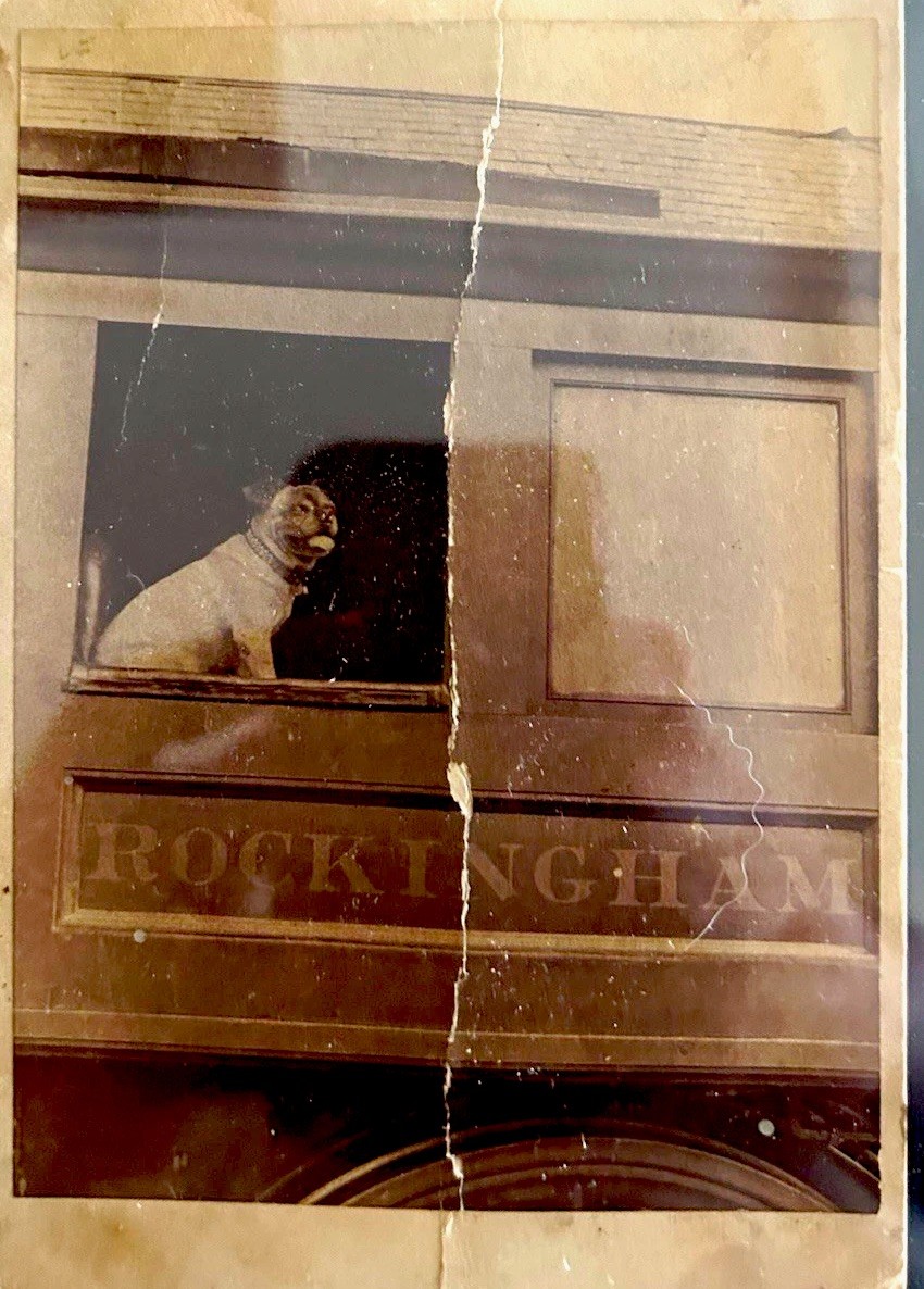 Antique Railroad Train Photo ROCKINGHAM Bulldog Dog in Window Vernacular RPPC