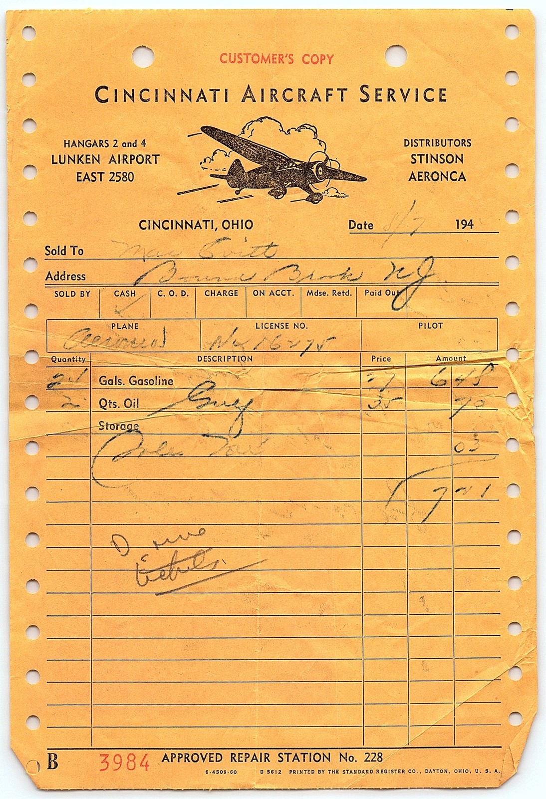 Vintage 1947 Cincinnati Aircraft Service Billhead Vintage 1947 Cincinnati Aircraft Service Billhead