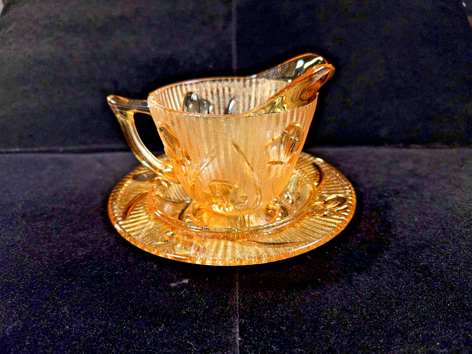 Great Depression Amber Glass Creamer & Saucer Jeannette Iris & Herringbone