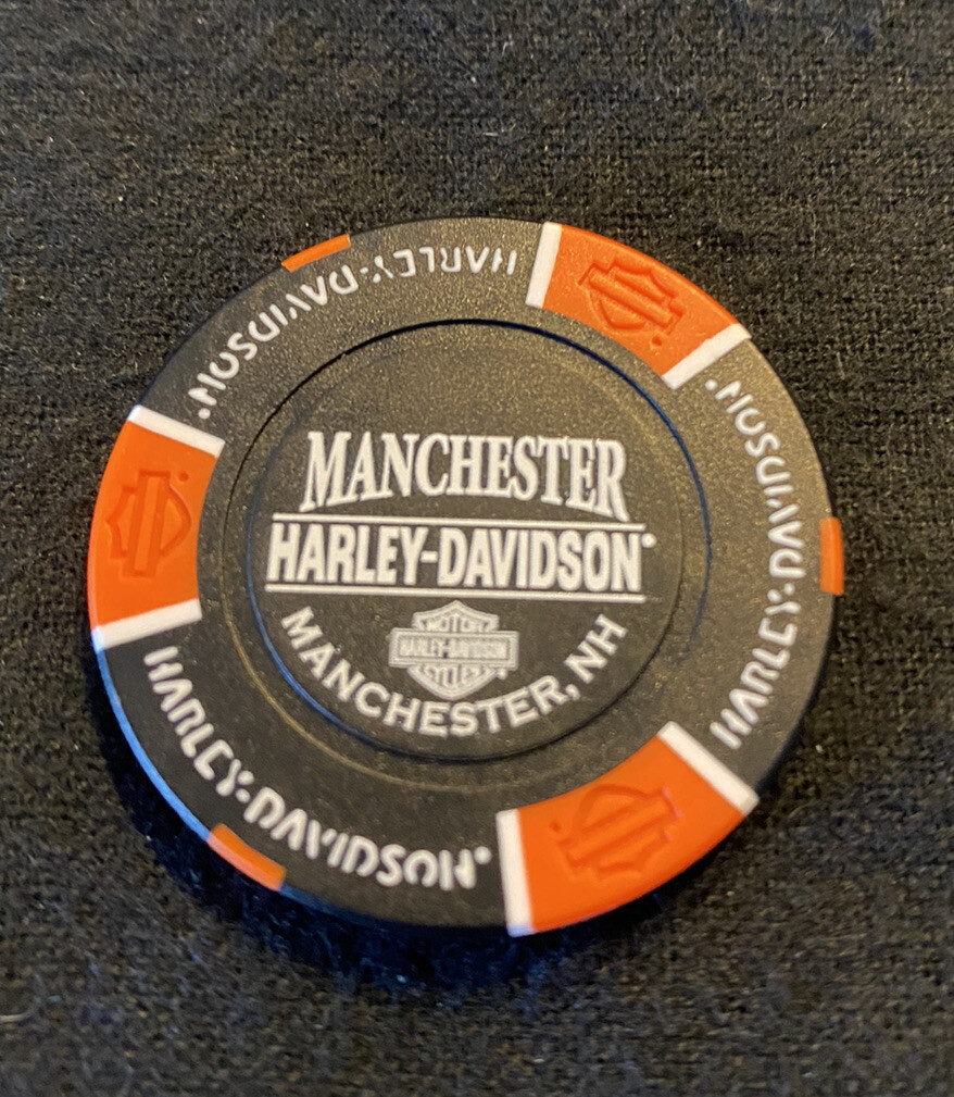 Manchester, New Hampshire Harley Davidson Poker Chip / Black & Orange Manchester, New Hampshire Harley Davidson Poker Chip / Black & Orange