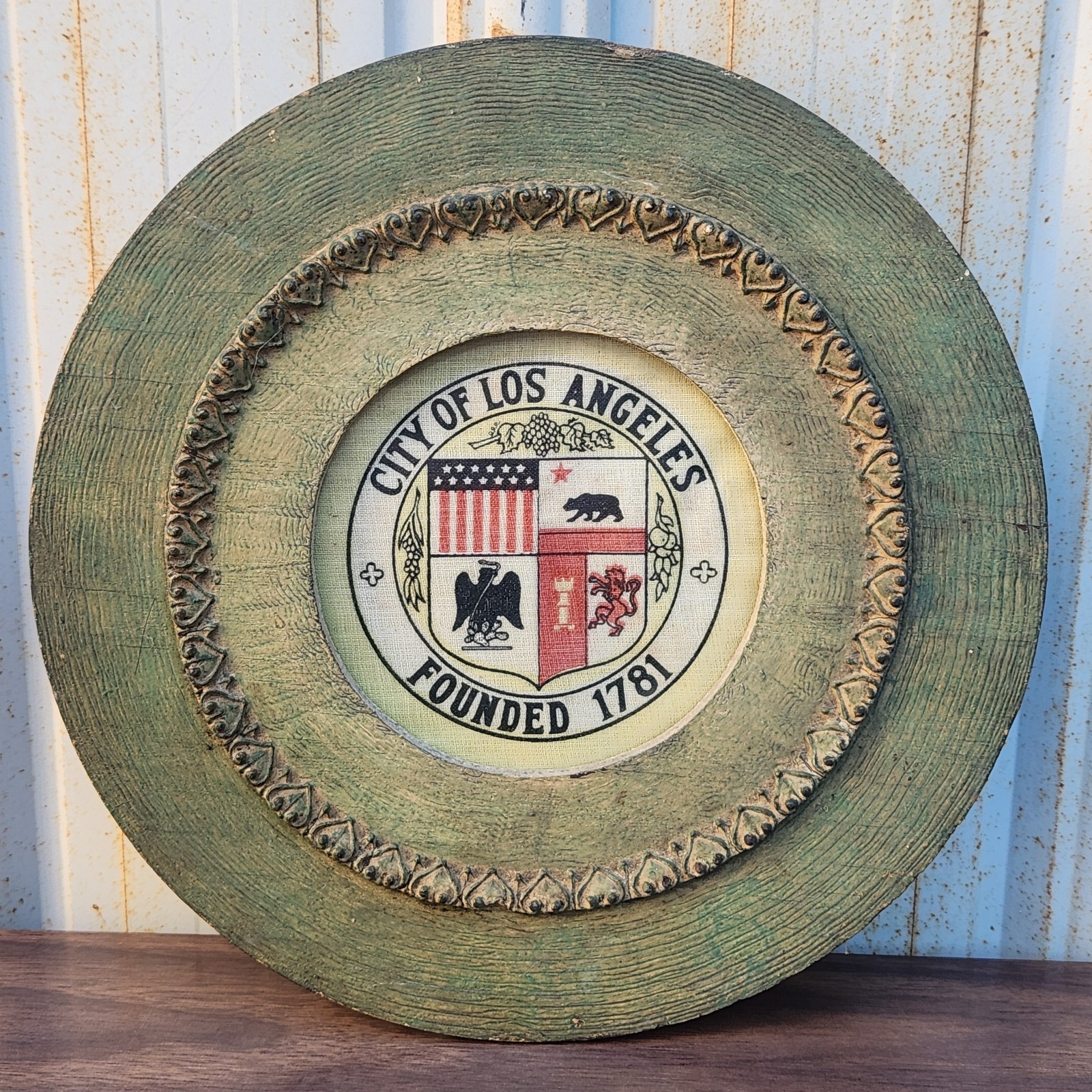 Vintage Round Decorative Wooden Wall Hanging w/ Cloth Seal of Los Angeles Green