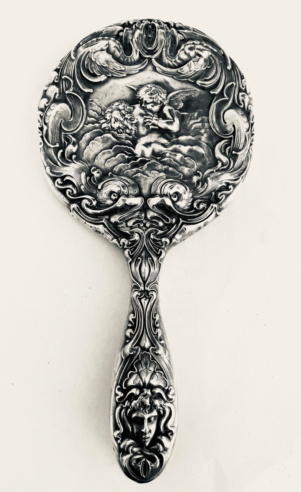 WOW---Antique Art Nouveau Unger Brothers Sterling Silver Repousse Mirror, 8.285 WOW---Antique Art Nouveau Unger Brothers Sterling Silver Repousse Mirror, 8.285