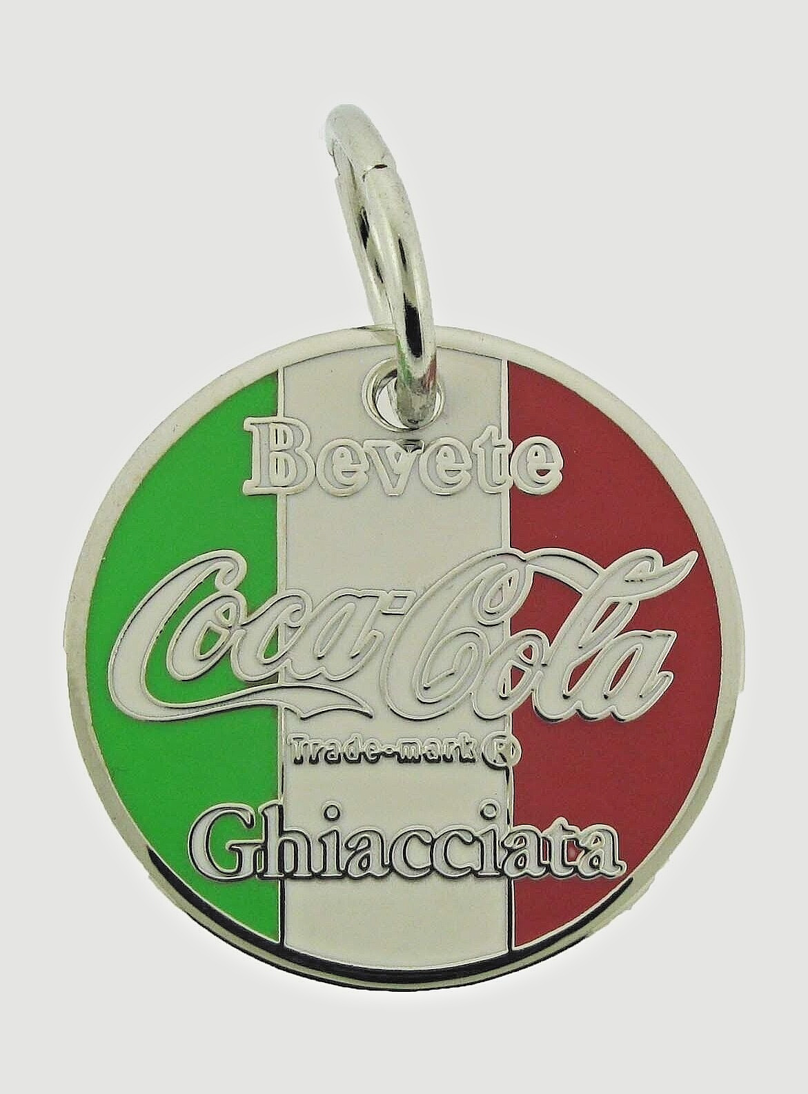 Vintage Coca-Cola Keychain Italian Text Flag bevete ghiacciata drink ice cold