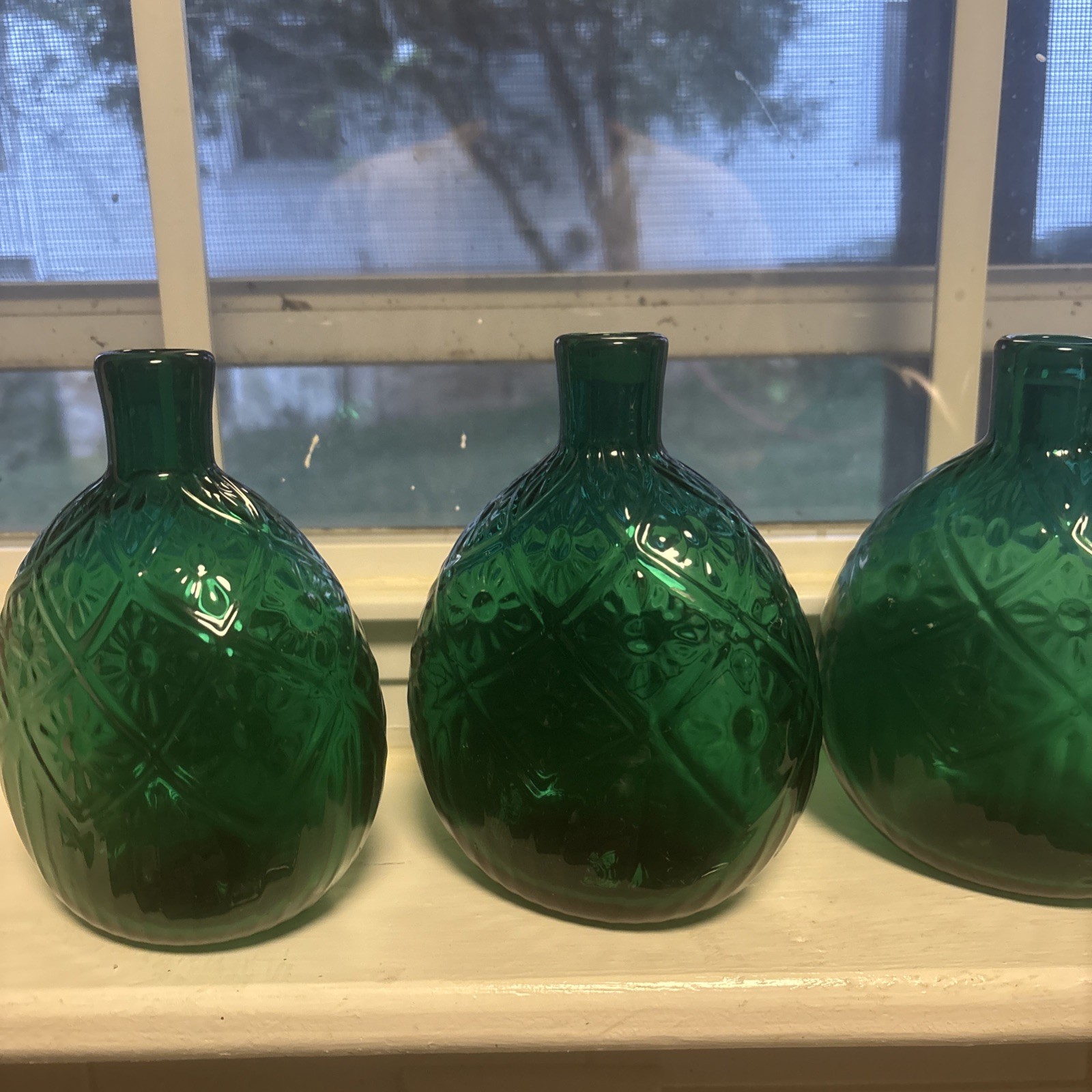 LOT(3)Hand Blown Dk Green Quilted Pattern Glass MMA With Pontil mid century LOT(3)Hand Blown Dk Green Quilted Pattern Glass MMA With Pontil mid century