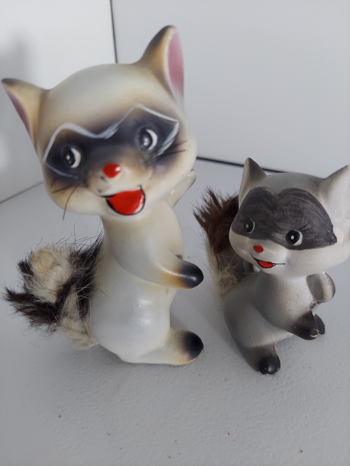 Pair of Vintage Ceramic Raccoons Furry Fuzzy Tails Pair of Vintage Ceramic Raccoons Furry Fuzzy Tails