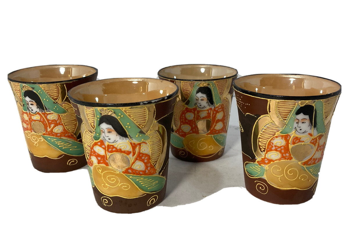 Vtg 1920-1940’s Takito & Co Set Of 4 Hand Painted Satsuma Moriage 2.75” Cups Vtg 1920-1940’s Takito & Co Set Of 4 Hand Painted Satsuma Moriage 2.75” Cups