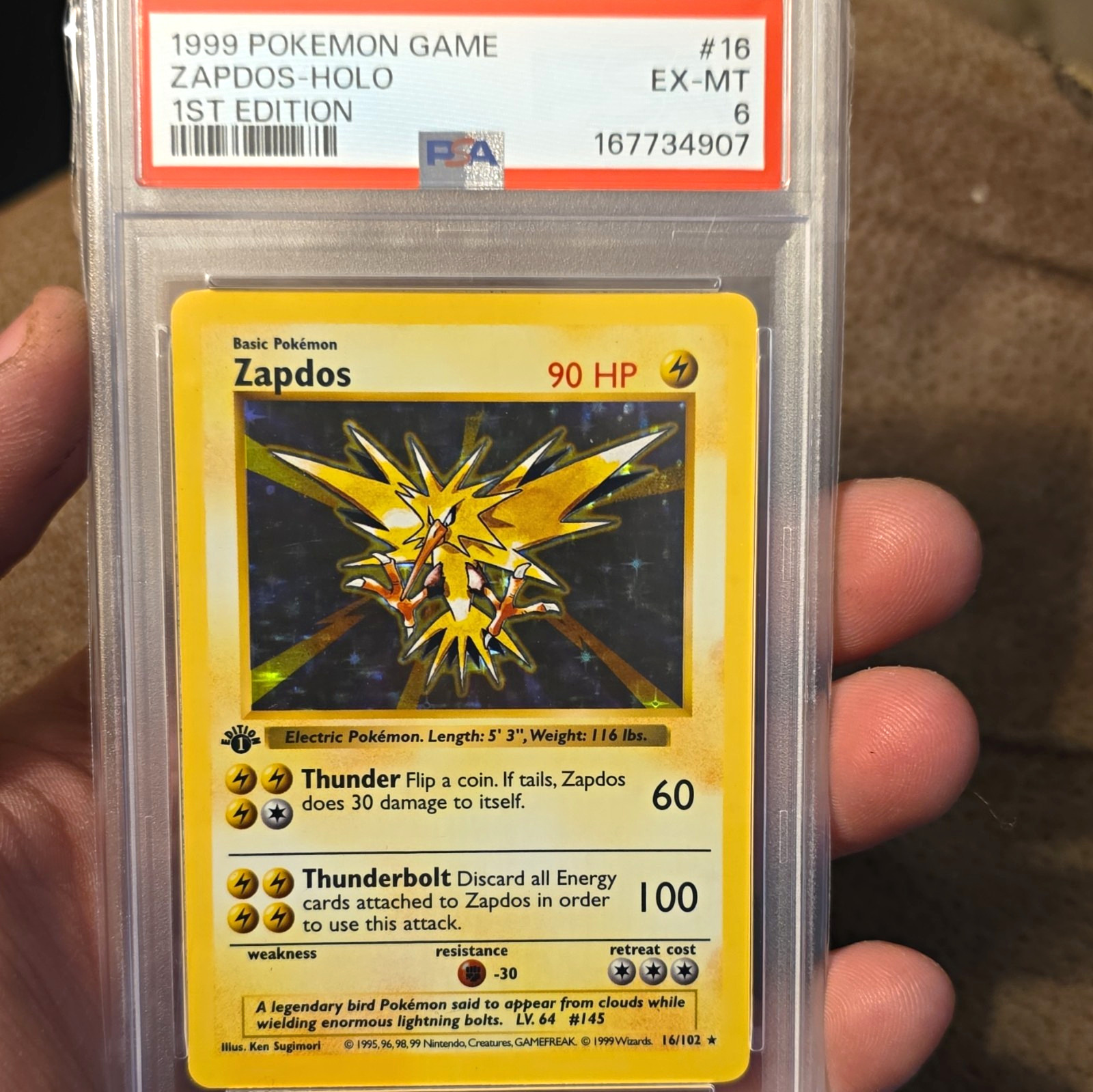 Wizards 1999 Pokémon Game 1st Edition Holo Zapdos 16/102 PSA 6 Cert 167734907