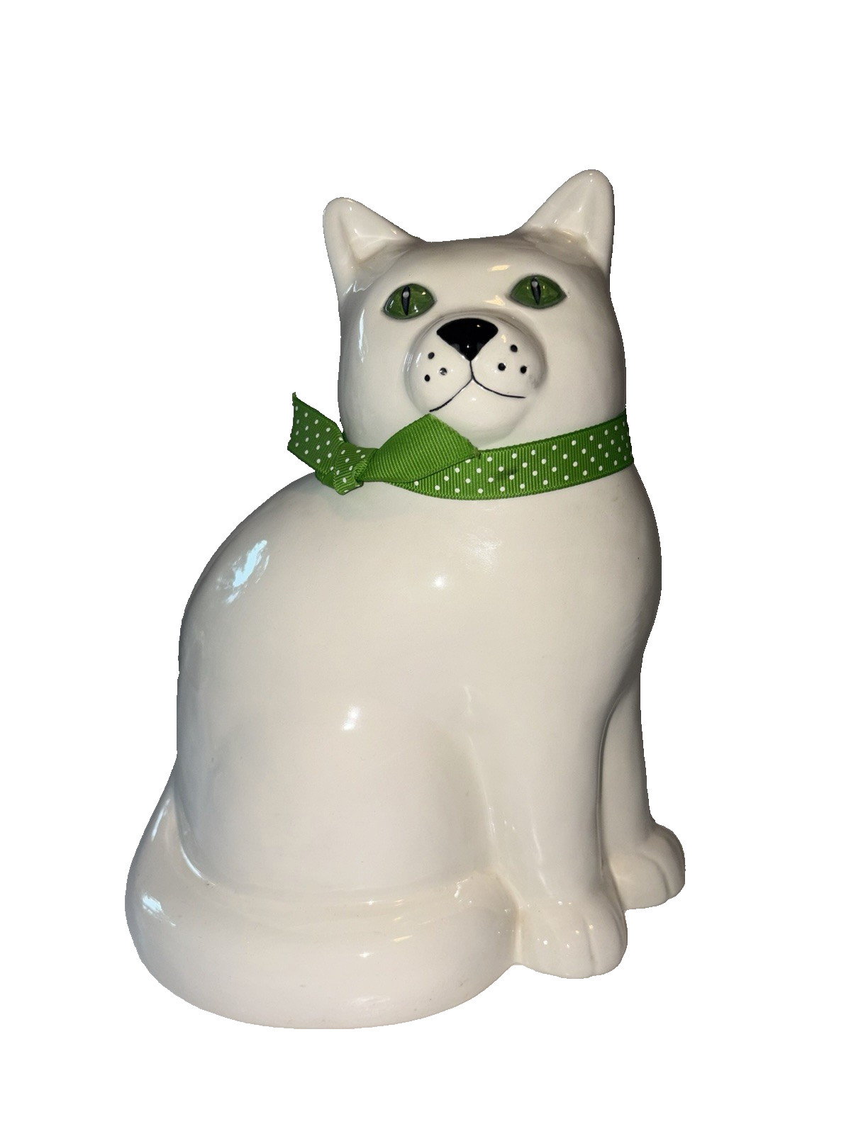 Vintage Ceramic White Cat Figurine Green Eyes Polka Dot Fabric Ribbon MCM Vintage Ceramic White Cat Figurine Green Eyes Polka Dot Fabric Ribbon MCM