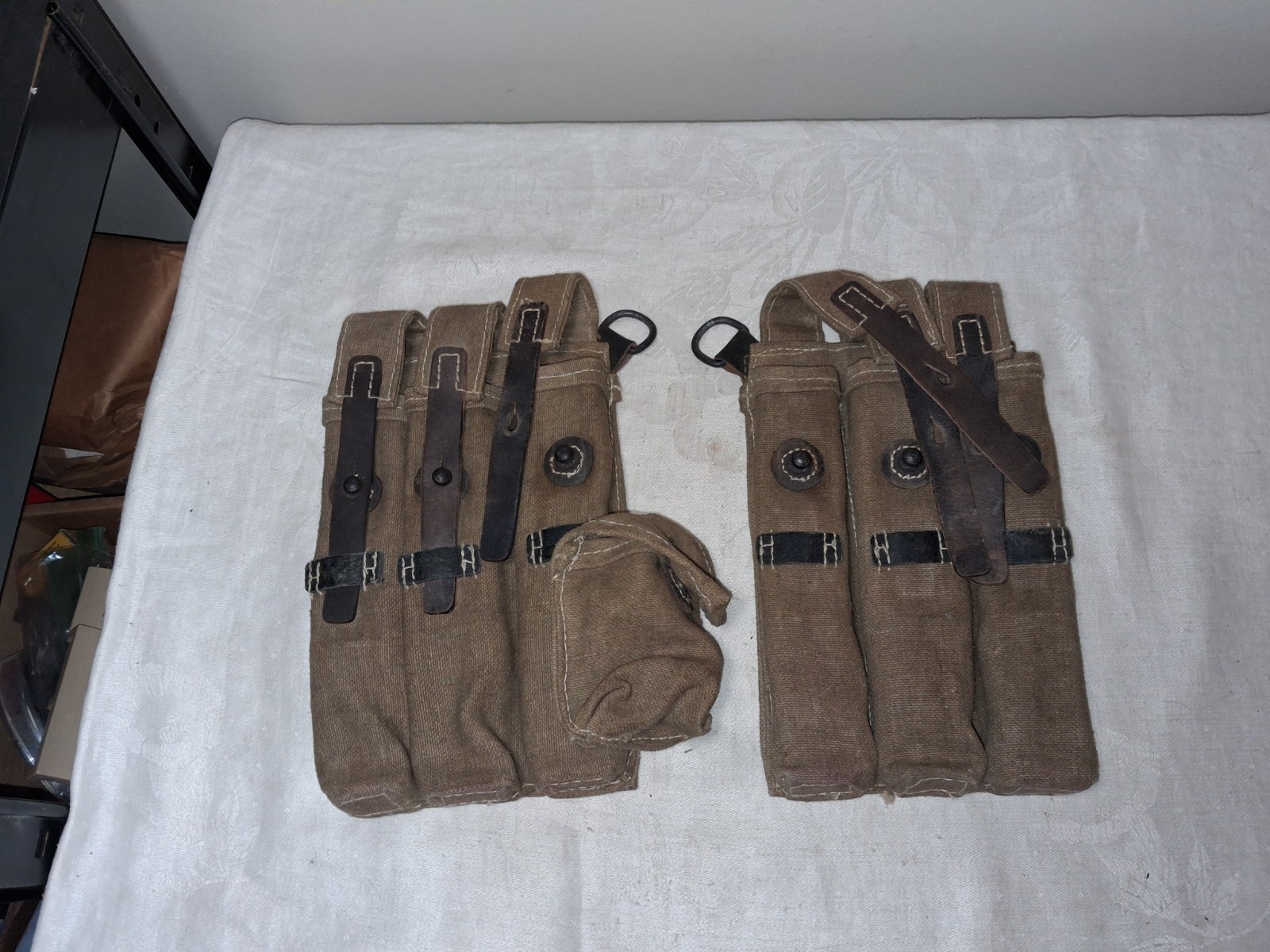 Post War WWII German Style MP38/40 Ammunition Pouches Left & Right Portuguese? Post War WWII German Style MP38/40 Ammunition Pouches Left & Right Portuguese?