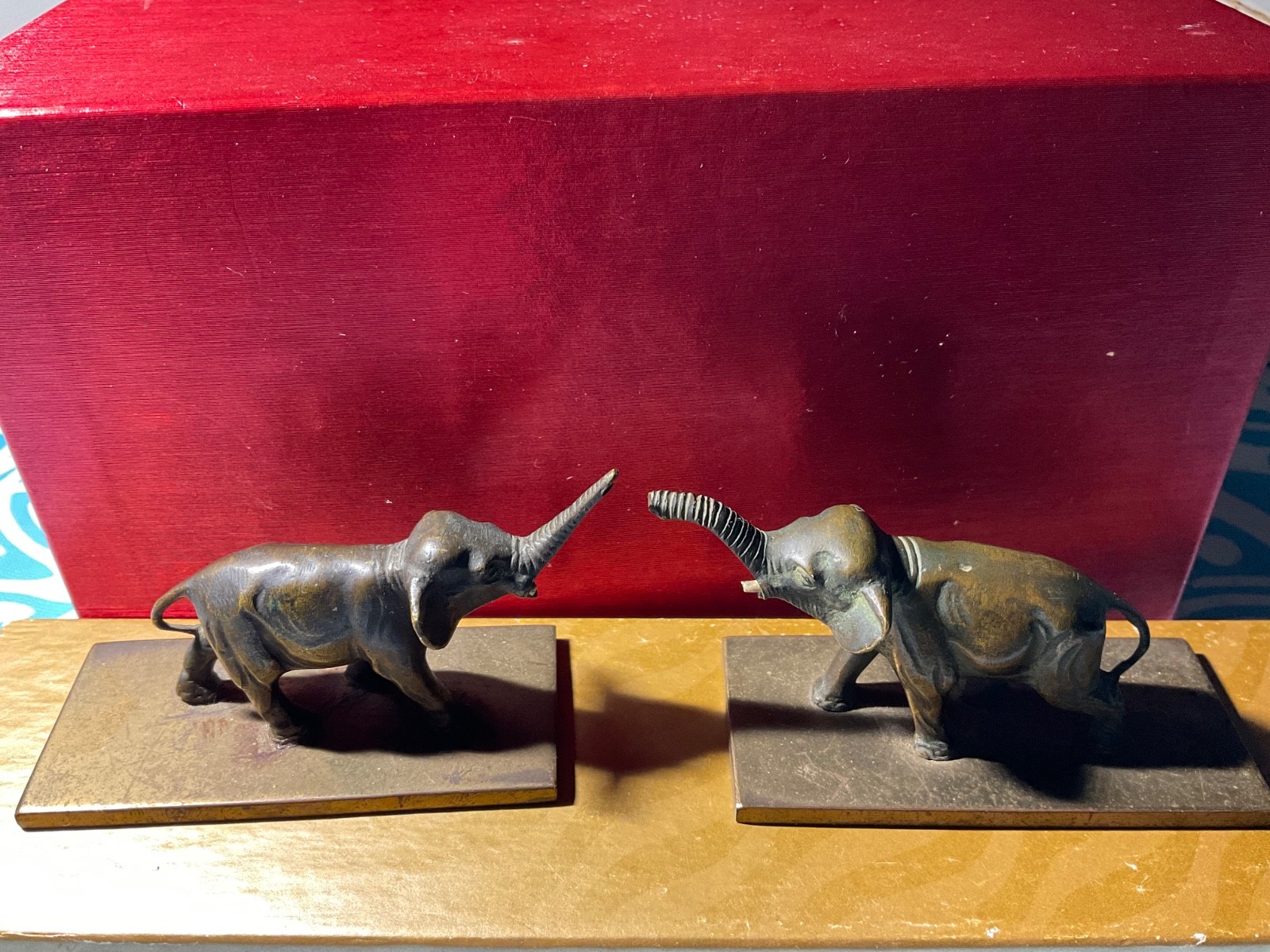 Elephant  Figure miniature Pair Trunk Up vintage ? bronze on base sculptures