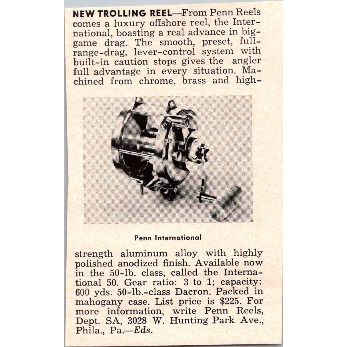 Penn Reels New Trolling Reel Luxury Offshore Reel Philadelphia PA 1966 Ad SAH8-3 Penn Reels New Trolling Reel Luxury Offshore Reel Philadelphia PA 1966 Ad SAH8-3