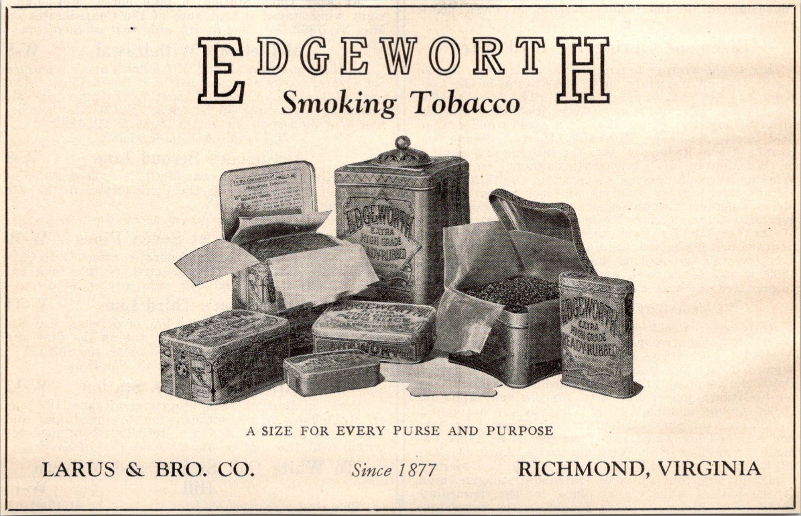 Larus & Bro Co Edgeworth Smoking Tobacco 1877 Richmond VA 1931 VA Ad TAK2-H8 Larus & Bro Co Edgeworth Smoking Tobacco 1877 Richmond VA 1931 VA Ad TAK2-H8