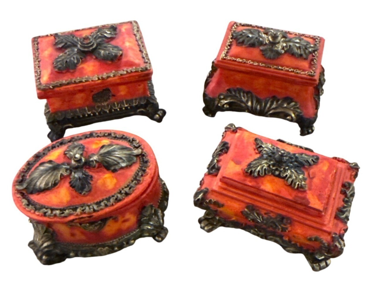 Vintage 4pc Ornate Miniature Decorative Trinket Boxes Red/Black/Gold Victorian
