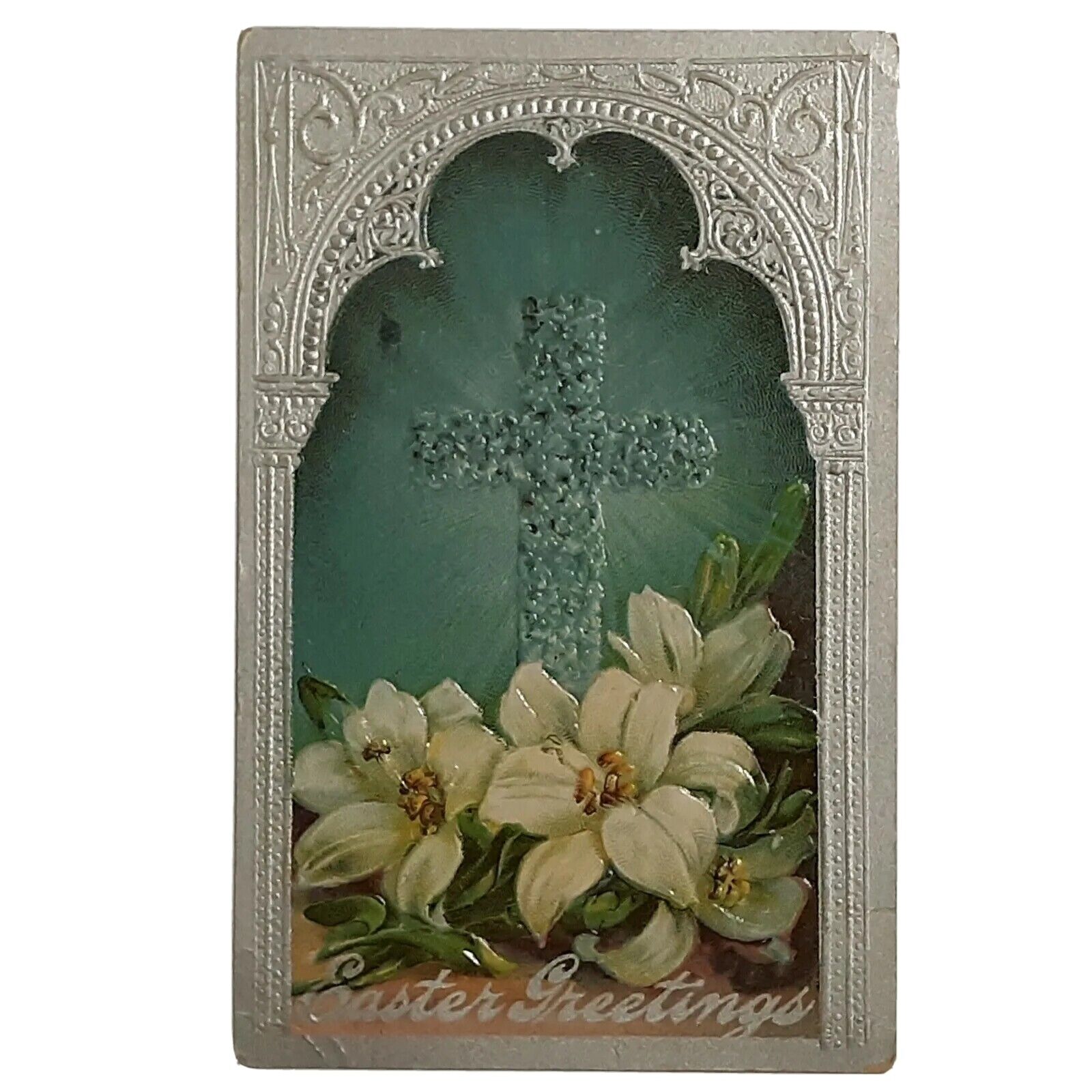 Easter Greetings Lily Cross Postcard Silver Blue White Lilies c1910 Embossed 