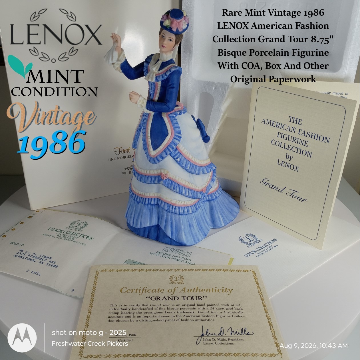 1986 Lenox Grand Tour American Fashion Figurine - Mint Condition with COA & Box