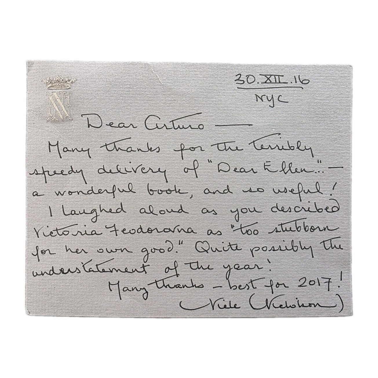 2016 Nicholas Nicholson Signed Letter Arturo Beeche Romanov Victoria Feodorovna