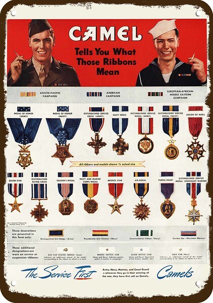 1945 CAMEL CIGARETTES MILITARY MEDALS Vintage-Look DECORATIVE REPLICA METAL SIGN 1945 CAMEL CIGARETTES MILITARY MEDALS Vintage-Look DECORATIVE REPLICA METAL SIGN