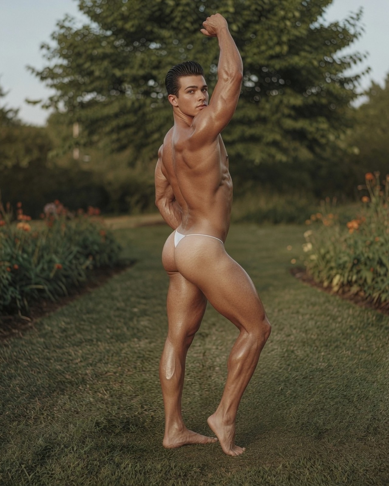 Gay Interest White Male Physique Outdoor Garden Flexing Photo Print M007274 Gay Interest White Male Physique Outdoor Garden Flexing Photo Print M007274
