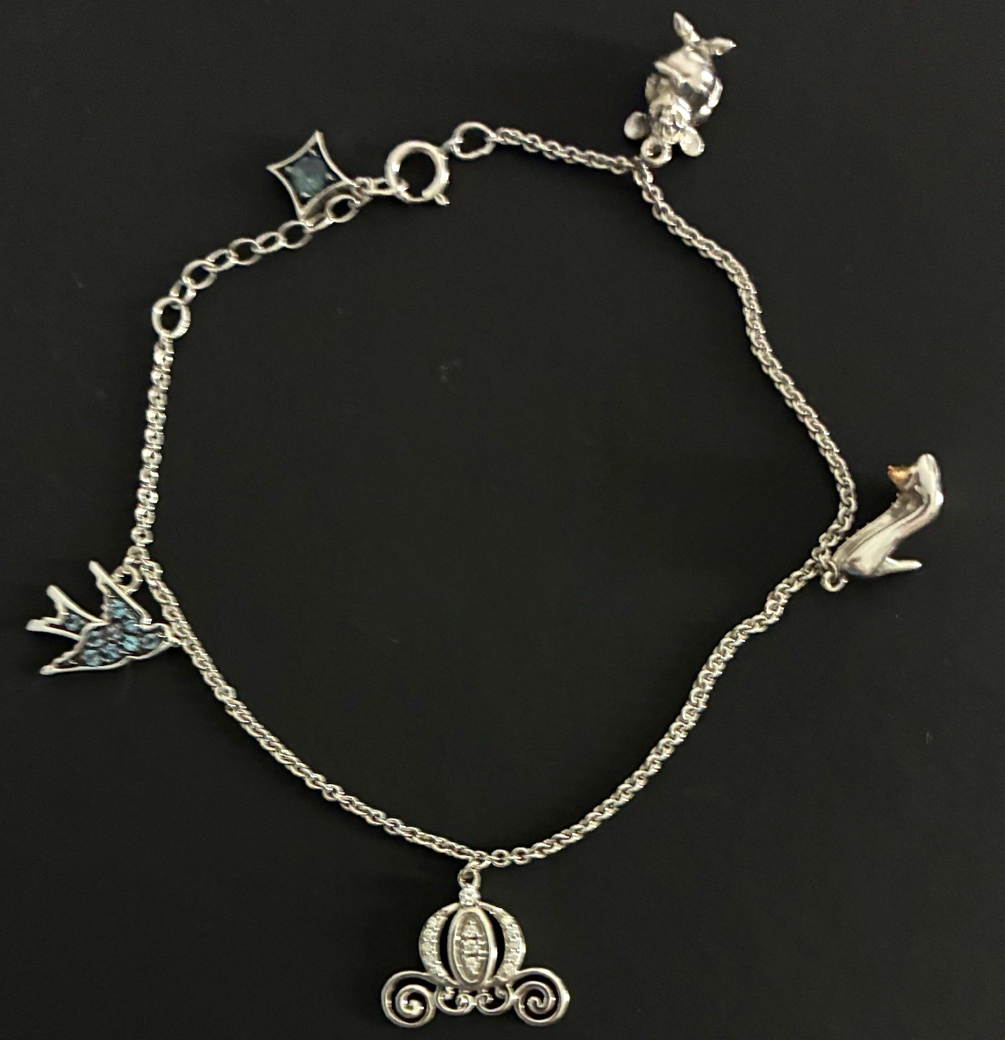 Enchanted Disney Cinderella Charm Bracelet Blue Topaz Diamond Silver 10K Rose 
