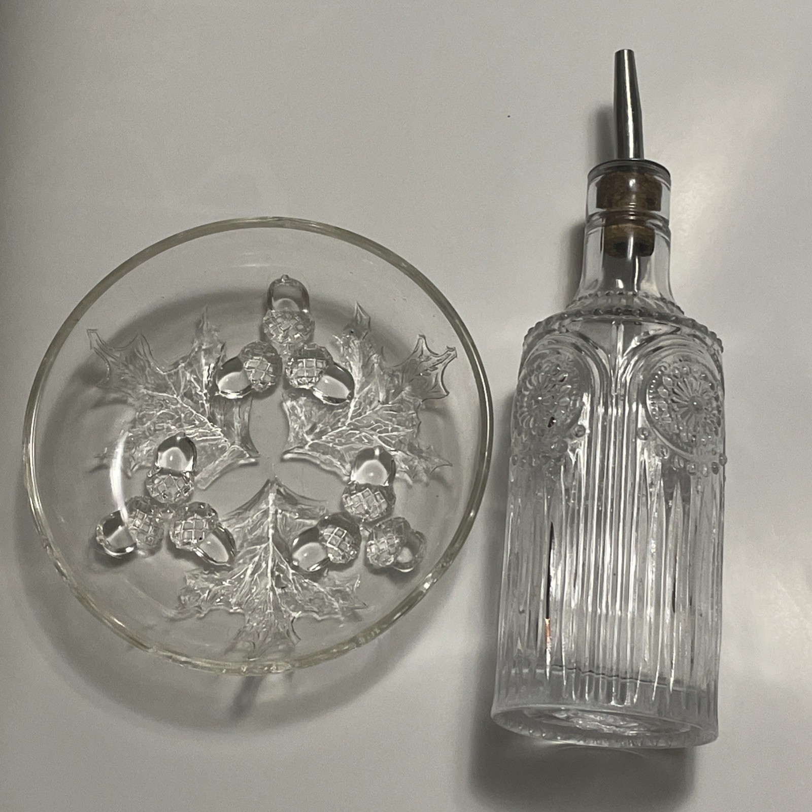 Vintage Clear Glass Oil Bottle, federal glass bowl lot Vintage Clear Glass Oil Bottle, federal glass bowl lot