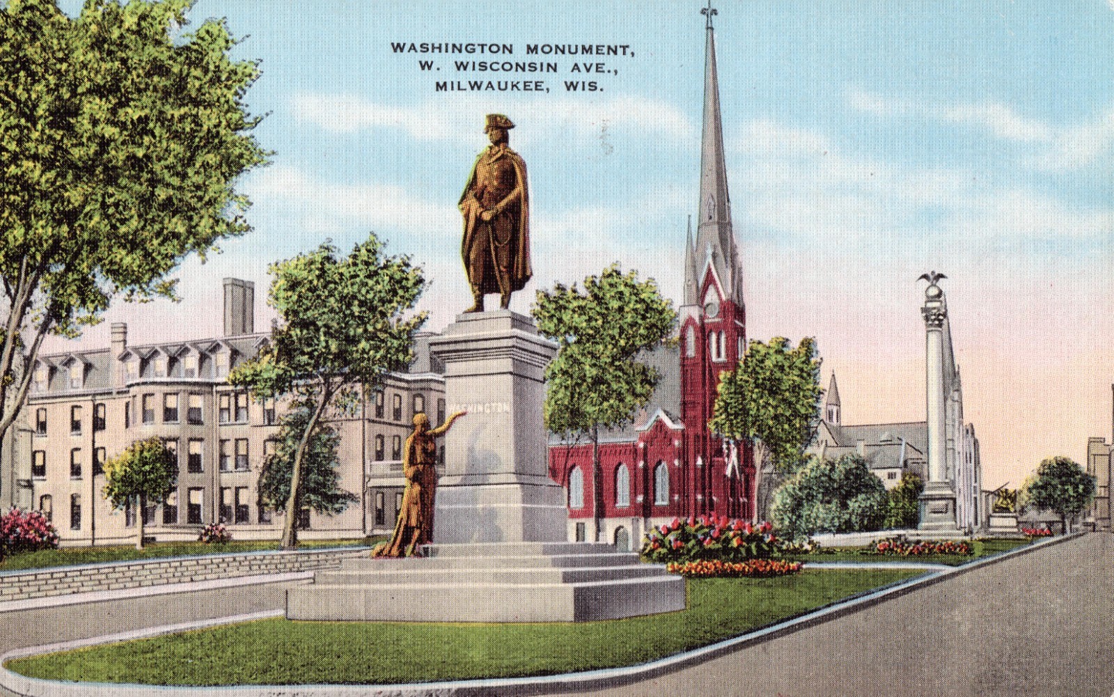 Postcard Washington Monument Statue Milwaukee Wisconsin 1938 posted stamp Postcard Washington Monument Statue Milwaukee Wisconsin 1938 posted stamp