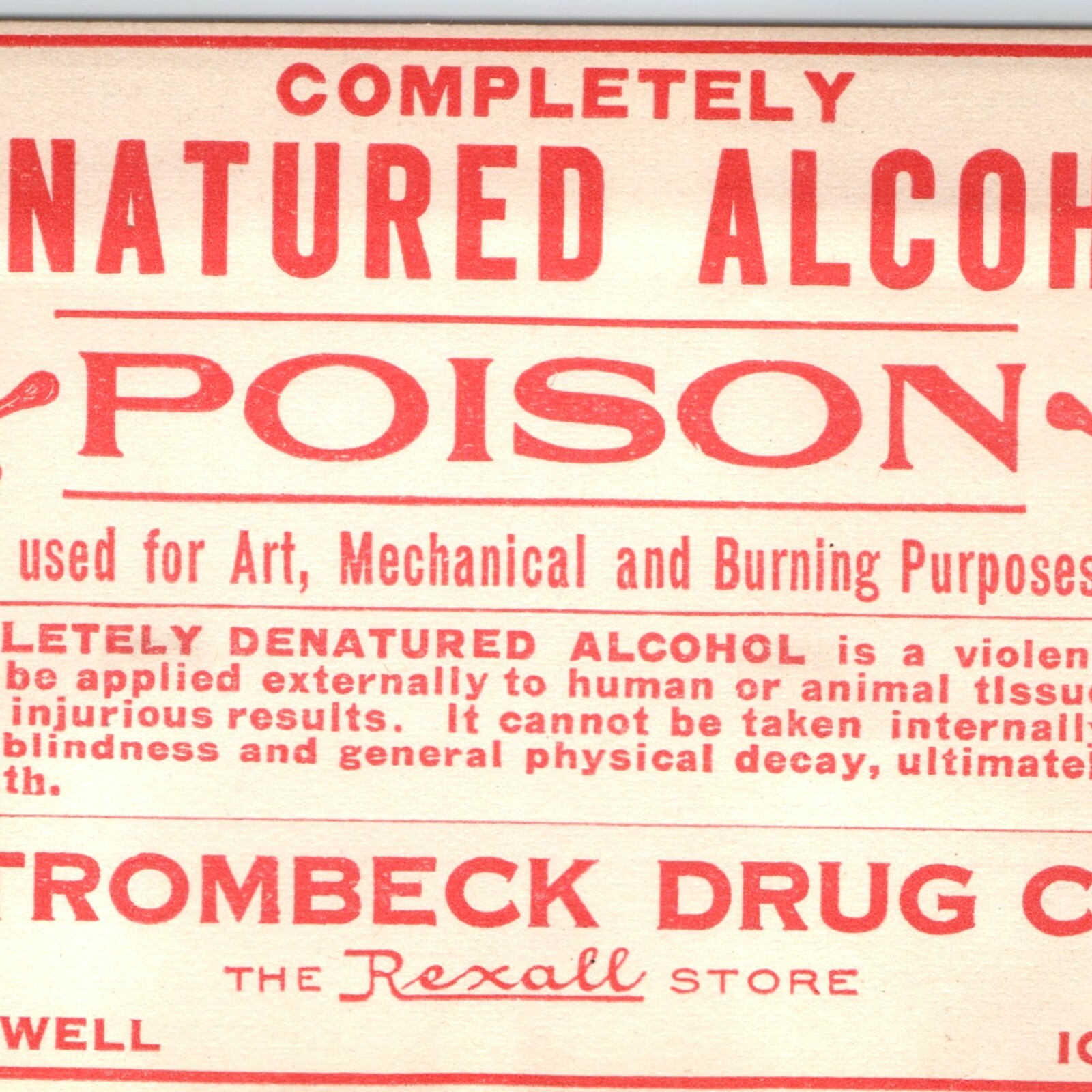 Vtg Rexall Poison Label Skull Crossbones Alcohol Strombeck Drug Maxwell Iowa