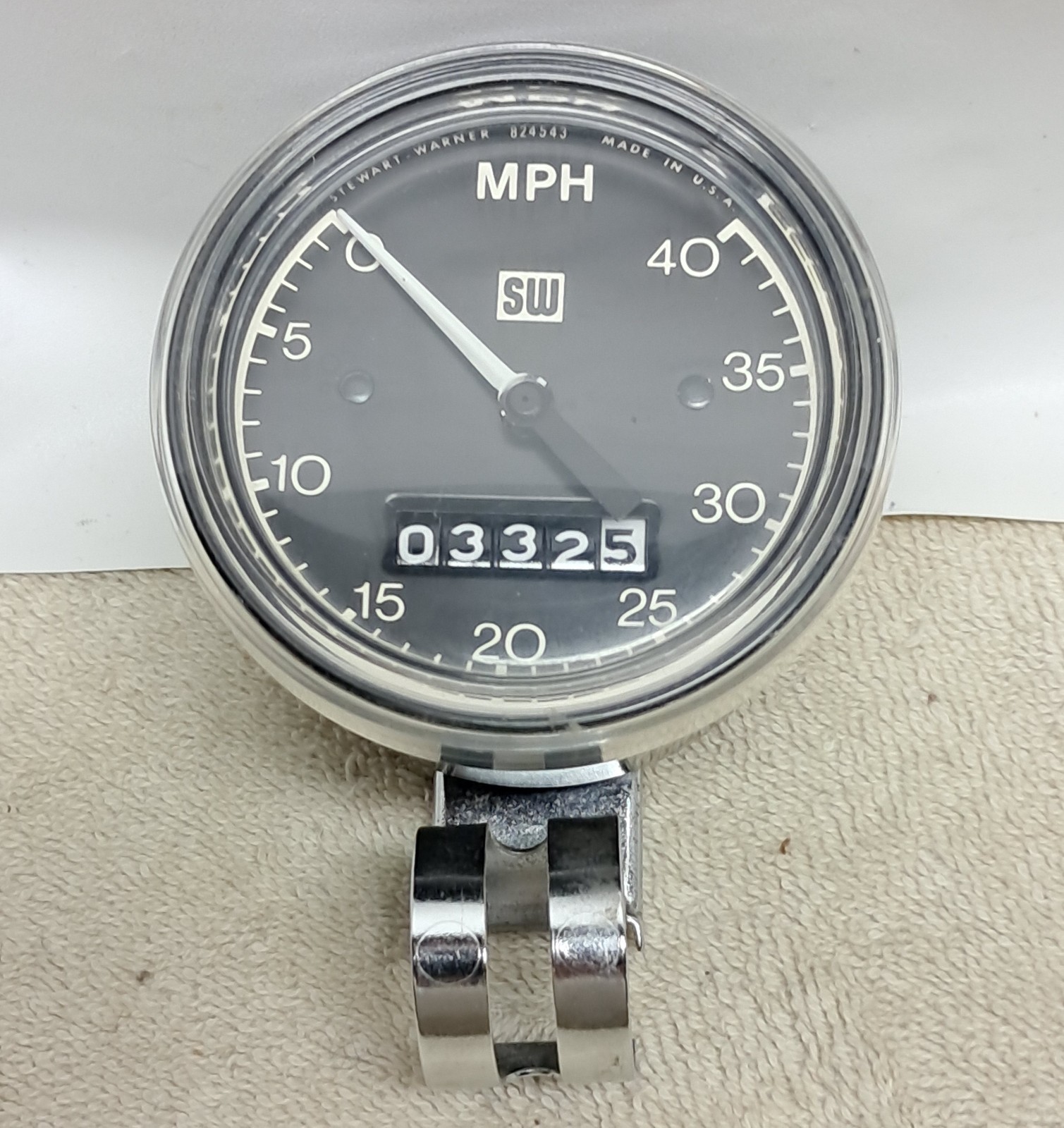 Stewart Warner 40MPH bicycle speedometer head only, black, chrome bracket, works