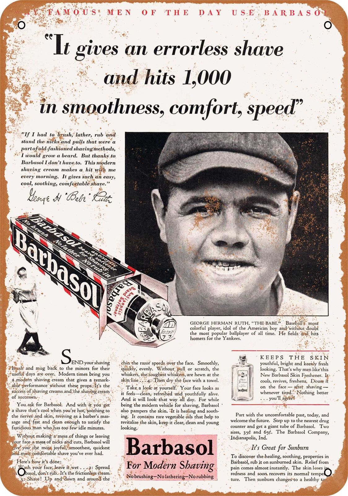 Metal Sign - 1929 Babe Ruth for Barbasol -- Vintage Look