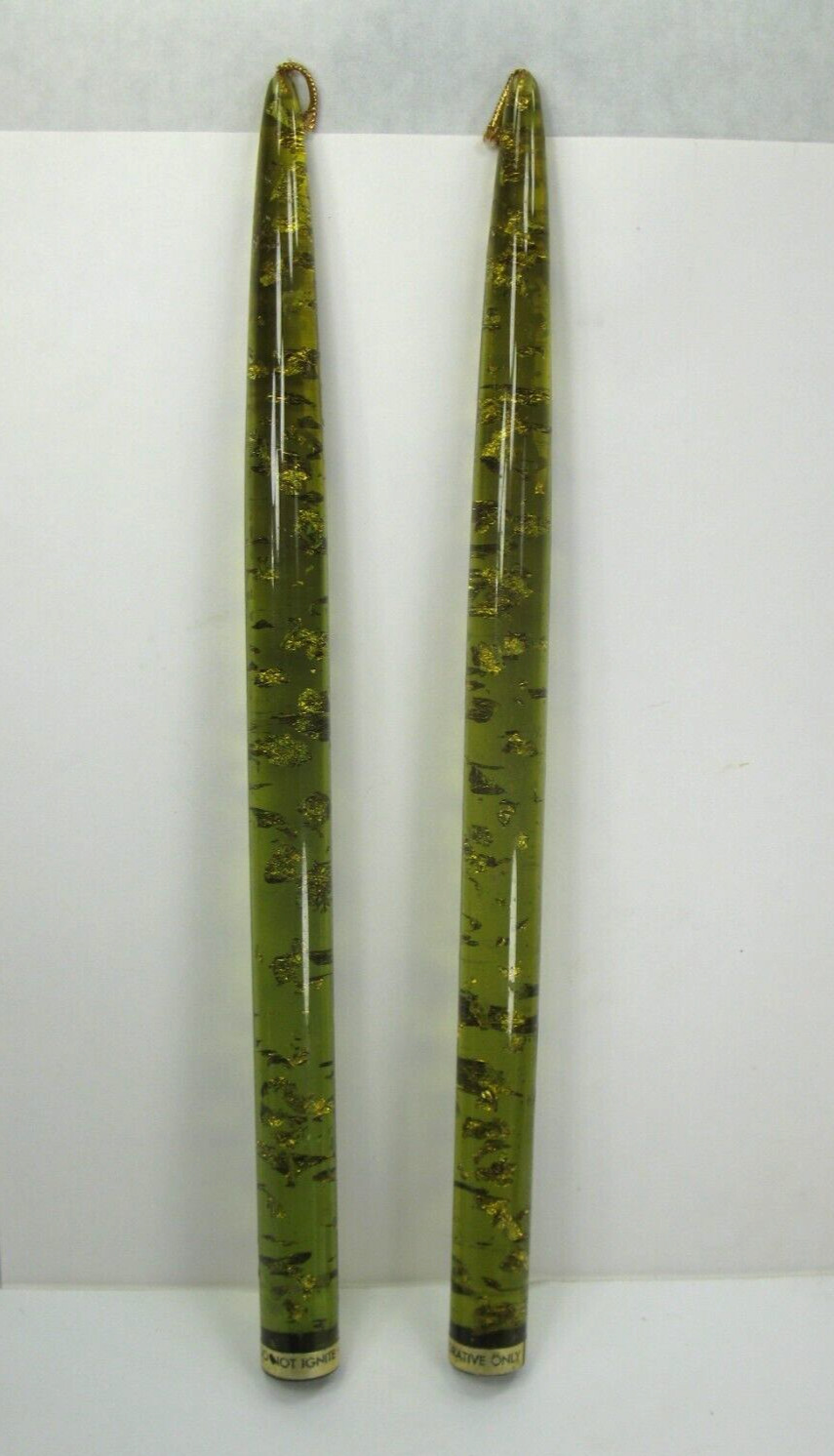 Pair of Lucite Candles Acrylic Green with Gold Flakes 12” Tapered Mid Century